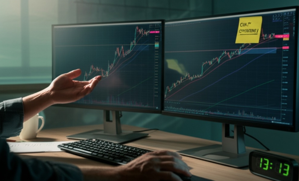 Image Prompt: Create a realistic, well-lit, eye-level medium shot photo showing a trader at their desk during market hours, focused intently on a dual-monitor setup displaying a live trading chart with a clear "Exit Strategy" annotation or sticky note on the screen. The trader's hand hovers over the mouse or keyboard, signaling hesitation or decision-making. The background should include subtle elements like a notepad with scribbled trade plans, a coffee cup, and a digital clock showing market time. One monitor shows a candlestick chart approaching a resistance level, suggesting a potential exit point. Include soft, natural lighting from a nearby window to enhance the realism. The mood should feel analytical and slightly tense—visually capturing the critical importance of timely exits in trading success.