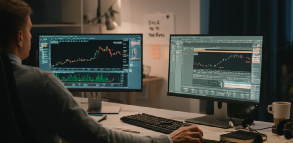 Image Prompt: Create a realistic, well-lit, eye-level medium shot photo of a focused solo day trader sitting at a dual-monitor desk setup in a clean, minimalist home office. The scene should highlight the trader’s disciplined approach: a printed or digital trading plan is visible on one screen or desk pad, while the other screen shows charts and market data. The trader's posture is calm and deliberate, hand poised over the mouse, not clicking yet—clearly waiting for a trade to meet plan criteria. A small whiteboard or sticky note beside the monitor displays a motivational quote like “Stick to the Plan” or “Discipline Over Impulse.” The lighting should suggest early morning or market open, with natural daylight filtering in. Nearby are subtle cues of routine: a journal, a cup of coffee, and maybe headphones resting on the desk. The mood is composed, patient, and professional—emphasizing emotional control and methodical execution over gut-reaction trading.