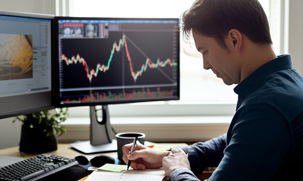 Image Prompt:  A realistic, well-lit, eye-level medium shot photo of a focused trader sitting at a home trading desk. The trader (late 20s to 40s, gender-neutral, with a calm, concentrated expression) is reviewing a handwritten trading journal while a multi-monitor setup displays market charts in the background (blurred slightly to keep attention on the journal and expression). One monitor could show a paused visualization session with calm imagery or a motivational quote. On the desk, include items like a cup of coffee, sticky notes with mindset tips (e.g., "Process over outcome," "Small wins matter"), and a closed trading psychology book with a visible title. The lighting should be natural daylight, streaming from a nearby window, emphasizing a clean, focused workspace. The mood should feel disciplined, introspective, and optimistic—illustrating a trader actively building confidence, visualizing execution, and reviewing performance without self-blame.