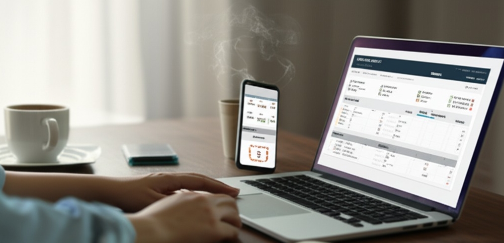 Image Prompt:  A realistic, well-lit, eye-level medium shot photo showing a trader’s workspace with a digital trading journal open on a laptop screen. The screen displays a detailed trade entry with visible fields like entry/exit points, strategy notes, and emotion tags. A person's hands are seen typing reflective notes or tagging emotions post-trade. Nearby on the desk are a smartphone displaying a behavioral analytics dashboard (with mood or time-of-day graphs), a cup of coffee, and a paper notepad with handwritten thoughts. The background is softly blurred, highlighting focus and clarity. The overall mood is thoughtful, analytical, and introspective—emphasizing the mindset and emotional discipline behind trading decisions.