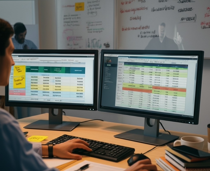 Image Prompt: Create a realistic, well-lit photo montage or composite showing the journey of a trader's growth—not from natural talent, but through learned discipline and data-driven strategy. At the center, show a person sitting at a desk with dual monitors, analyzing trade metrics like win rate, risk/reward, and drawdown, displayed clearly on a spreadsheet. Nearby, sticky notes read “Review Trades,” “Stay Disciplined,” and “Feedback = Growth.” Include trading journals, a trading psychology book, and a cup of coffee—all suggesting focused, consistent effort. In the background (slightly blurred), show a whiteboard with strategy notes and mindset quotes like “Confidence = Surviving the System.” A mentor figure might be faintly visible on a Zoom call, offering guidance. The mood should be sharp, self-driven, and illustrative of the idea that great traders are trained, not born.