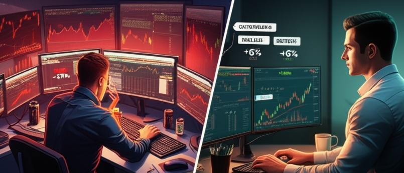 Image Prompt:  A realistic, well-lit digital illustration split into two contrasting panels. On the left, depict a cluttered, chaotic trading desk with multiple monitors flashing red charts, a stressed trader rapidly clicking through trades, scattered notes, and energy drinks—symbolizing overtrading. Include a glaring “Loss -15%” on one screen. On the right, show a calm, focused trader with a minimal, organized setup: one or two charts, a checklist, a notepad, and a highlighted single high-probability trade. Display a “+6% Gain” on screen. The left side conveys overwhelm and urgency, while the right exudes discipline and strategy. Include subtle overlays of performance metrics comparing “Overtrading” (low win rate, high drawdown) vs. “Healthy Trading” (moderate frequency, strong returns). The overall mood should illustrate the contrast between reckless trading and patient, quality-driven strategy. Keep lighting consistent and realistic, with emphasis on clarity and focus.