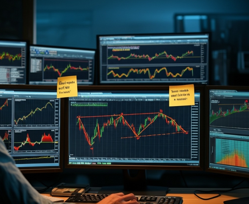 Image Prompt: A visually striking, realistic editorial-style image illustrating the contrast between technical chart analysis and broader macroeconomic forces in the stock market. The scene shows a trader at a desk with multiple monitors—some screens displaying classic technical indicators like RSI, MACD, Bollinger Bands, and chart patterns (e.g., head-and-shoulders, wedges), while others show macroeconomic data like GDP curves, interest rate trends, and news headlines (e.g., “Fed Raises Rates,” “Earnings Miss,” “Geopolitical Tensions Escalate”). Post-it notes and printed reports on valuation models and earnings data are scattered on the desk. A central monitor flashes a news alert disrupting a chart pattern mid-formation. Lighting is focused and moody, evoking tension and awareness. Include subtle touches like a quote taped to the monitor: “Chart signals don’t fire in a vacuum.” The mood should feel analytical and dynamic—conveying the idea that while charts are useful, real market moves start beyond the screen.